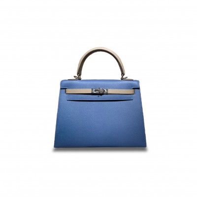 HERMÈS KELLY 25 EPSOM AGATE BLUE AND ARCTIC GRAY SILVER BUCKLE (25*17*7cm) 